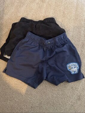 Two pairs Boys Navy and black gray camo Athletic Shorts with Logo Patch
